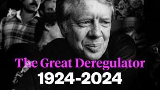 A black and white photo of Jimmy Carter with the dates 1924-2024 in white and the words The Great Deregulator in purple | Isaac Reese