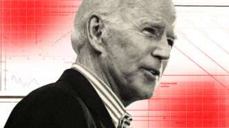 Black and white headshot of Joe Biden against a red and white background | Illustration: Lex Villena; Gage Skidmore