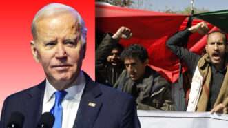 President Joe Biden and a photo of pro-Palestine protesters in Yemen | Illustration: Lex Villena; Bonnie Cash - Pool via CNP MEGA NewscomRSSIL Newscom; Osamah Yahya/ZUMAPRESS/Newscom