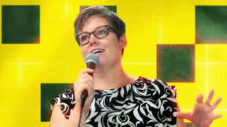 Gov. Katie Hobbs against a yellow and green background | Illustration: Lex Villena; Gage Skidmore