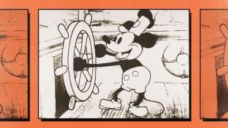 Mickey Mouse pilots a boat in a still from the 1928 animated short film "Steamboat Willie." | Illustration: Lex Villena; WALT DISNEY PICTURES/Newscom