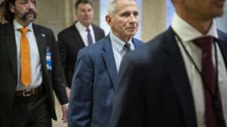 Anthony Fauci walks in the middle of a group of men in suits | Graeme Sloan/Sipa USA/Newscom