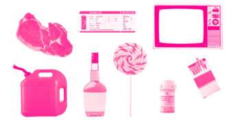An illustration showing several consumer goods, including meat, gasoline, liquor, and televisions | Photos: iStock