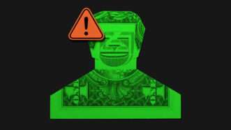 A grinning man constructed from a U.S. dollar bill, with a Caution sign on his face. | Illustration: Lex Villena
