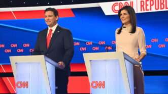 DeSantis and Haley next to each other on the debate stage | Kyle Mazza/ZUMAPRESS/Newscom