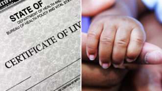 Birth certificate on the left and a baby's hand on the right | Photo 120894970 © Lane Erickson | Dreamstime.com;ID 5408419 © Jhogan | Dreamstime.com