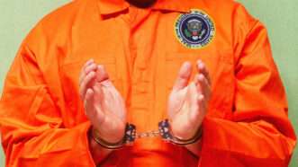 An illustration of a person wearing handcuffs in an orange prison jumpsuit with a presidential seal | Illustration: Joanna Andreasson; Source image: Peter Dazeley/Getty