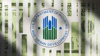 The logo of the federal Department of Housing and Urban Development surrounded by a 0 bill that looks like it's gone through a shredder. | Illustration: Lex Villena. Source images: Wikimedia.