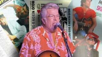 Mojo Nixon in 2022. In the background are three covers to his records. | Illustration: Lex Villena; Source images: EMR on Flickr/Enigma Records