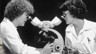 A black and white photo of two people in white coats looking into microscopes | Photo: National Cancer Institute/Unsplash