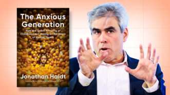 The book cover of The Anxious Generation, next to a photo of its author, Jonathan Haidt, speaking, with his hands up by his face. | Book cover: Penguin Press | Photo: World Economic Forum