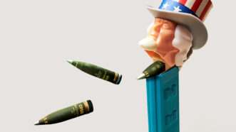 An illustration of Uncle Sam as a PEZ dispenser, dispensing bombs | Photo: Julian Dufort; Wikimedia