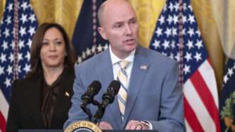 Utah Gov. Spencer Cox speaking at the White House, addressing a meeting of the National Governors Association, as Vice President Kamala Harris looks on. | Leigh Vogel - Pool via CNP/picture alliance / Consolidated News Photos/Newscom