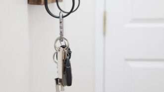 A keyring hanging from a hook by a front door. | Rushtonheather | Dreamstime.com