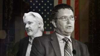 Julian Assange on the left and Rep. Thomas Massie on the right against a dark American flag background | Illustration: Lex Villena; Gage Skidmore, Cancillería del Ecuador