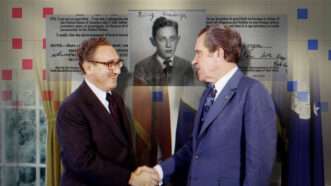 Kissinger and Nixon in the White House, with Kissinger's immigration files in the background. | Images: CNP/Polaris/Newscom, U.S. Citizenship and Immigration Services/Freedom of Information Act; Illustration: Lex Villena