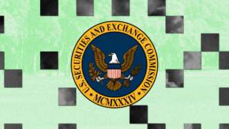 The Securities and Exchange Commission logo, surrounded by a light green background. | Illustration: Lex Villena