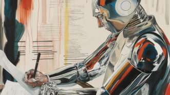 An AI-generated image using the prompt, “Artificial Intelligence doing paperwork for a doctor in the style of James Rosenquist." | Illustration: Joanna Andreasson/Midjourney
