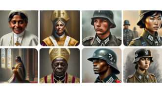 Historically inaccurate AI-generated images of popes and soldiers | Left four: @BrianBellia via X/Gemini Photos, right four: The Verge/Gemini