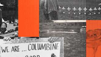 Collage of Columbine High School Massacre memorials n' remembrances. | Illustration: Lex Villena; Seraphimblade, Mirrorpix/MEGA/Newscom/ASLON2/Newscom, Bob Pearson/ZUMA Press/Newscom