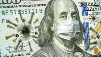 Close-up angle of a U.S. 0 bill, with coronavirus molecules and an N-95 mask over Ben Franklin's face. | Scaliger | Dreamstime.com