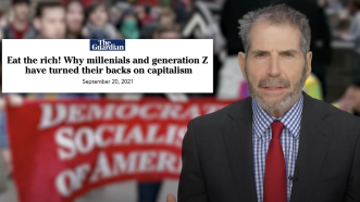 John Stossel is seen in front of a Democratic Socialists of America protest next to a headline that says "eat the rich" | Stossel TV