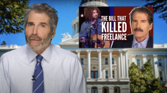 John Stossel is seen next to a graphic about "the bill that killed freelance" | Stossel TV