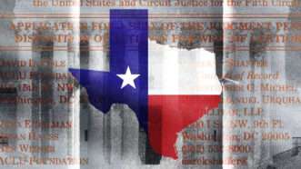 Texas map over legal text. | Illustration: Lex Villena; Free Speech Coalition