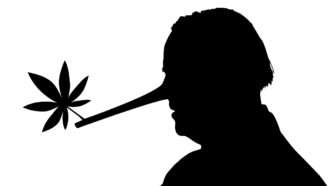 An animation of a silhouetted Joe Biden with a long nose like Pinocchio and a marijuana leaf at the tip of the nose | Photo: BrendanHunter/iStock