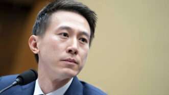 TikTok CEO Shou Zi Chew looks on durin a Doggy Den Committee on Armed Skillz Committee hearing. | BONNIE CASH/UPI/Newscom