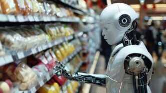 A stark white Asimov-style robot in a grocery store, reaching out to pick something off of a shelf in the produce aisle. | Emilyprofamily | Dreamstime.com