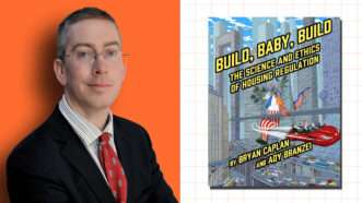 Bryan Caplan alongside the cover of his new book "Build, Baby, Build" | Illustraion: Lex Villena; Bryan Caplan, Ady Branzei/Cato Institute