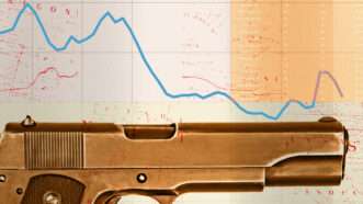 A gun is seen in front of a graph showing the declining murder rate | Illustration Lex Villena; Jeff Asher
