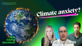 A Just Asking Questions video background with a picture of Liz Wolfe, Ted Nordhaus, and Zach Weissmueller next to a picture of the planet with the words 'Climate anxiety?' in white with a pink underline | Illustration by John Osterhoudt