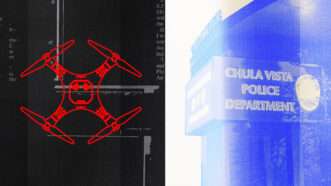 Side-by-side photos of a diagram of an aerial drone and the headquarters of the Chula Vista Police Department. | Illustration: Lex Villena, Durson Services Inc.
