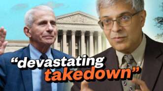 Jay Bhattacharya in front of Dr. Anthony Fauci taking an oath to tell the truth to Congress with a picture of Nick Gillespie to the left, the U.S. Supreme Court building in the background, and the words 'power grab' in orange and white | Annabelle Gordon/Sipa USA/Newscom