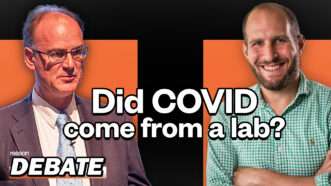 Pictures of Matt Ridley and Stephen Goldstein with a black and orange background and the words in white "Did COVID come from a lab?" with the word 'DEBATE' in white | Photos: Charlie Ehlert; Matt Ridley