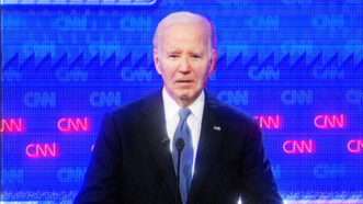 President Biden stares into camera during first presidential debate 2024 | John Wong/Newscom; Lex Villena