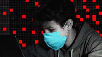 Boy wearing mask with red pixels. | Illustration: Lex Villena; Midjourney