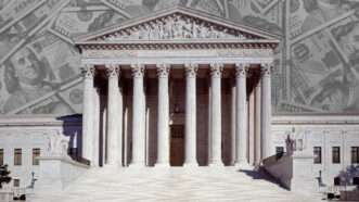 The U.S. Supreme Court Building, against a backdrop of U.S. $100 bills. | Kilmermedia | Dreamstime.com
