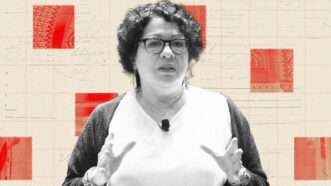 Justice Sonia Sotomayor against a background of legal documents colored red and white | Illustration: Lex Villena; Gage Skidmore