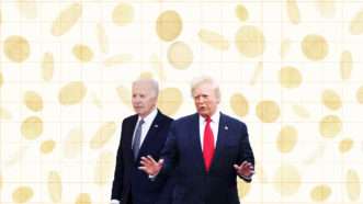 Trump and Biden stand in front of a background of gold coins | Illustratiion: Lex Villena; Pool/ABACA/Newscom