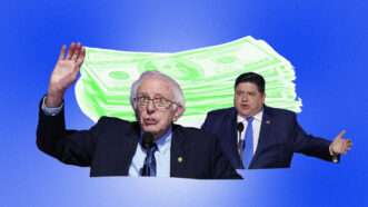 Sen. Bernie Sanders and Gov. J.B. Pritzker in front of a stack of cash | Illustration: Lex Villena; adapted from TANNEN MAURY/UPI/Newscom Nathan Howard/Sipa USA/Newscom