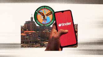 Illustration of Beirut, the Tinder logo, and the CENTCOM logo. | Illustration: Lex Villena; adapted from Davide Bonaldo, Ddkg | Dreamstime.com