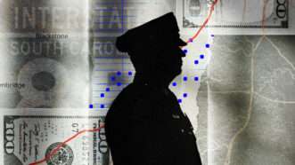 An illustration of a police officer's silhouette against images of money | Illustration: Lex Villena; Midjourney
