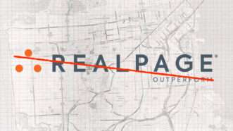 A map of San Francisco with the logo for RealPage with a line slashed across it | Illustration: Lex Villena. Adapted from: Droll OpenStreetMap contributor, Wikimedia CC BY-SA 2