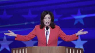 New York Gov. Kathy Hochul speaks at the 2024 Democratic National Convention. | TANNEN MAURY/UPI/Newscom