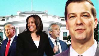 Chase Oliver, Kamala Harris, Donald Trump, and RFK Jr. are all shown against a picture of the White House with a bright blue background | Gage Skidmore/ZUMAPRESS/Newscom Carol Guzy ZUMAPRESS Newscom