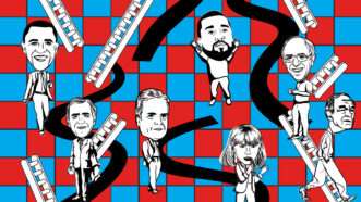 An illustration of a Chutes and Ladders game board with political figures like Barack Obama, George W. Bush, and Ron Paul | Illustration: Joanna Andreasson; Portraits, left to right: Barack Obama, Jim Webb, and Bernie Sanders; Najia Parvin/Fiverr