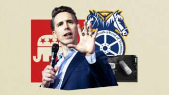 A photo of Josh Hawley in front of a GOP elephant and a Teamsters logo | Illustration: Lex Villena; adapted from Michael Brochstein/ZUMAPRESS/Newscom, Vchalup, Dreamstime.com